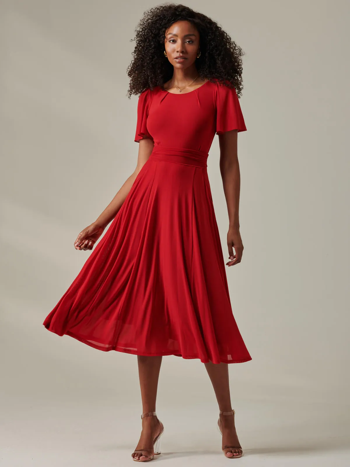 Ayla Plain Mesh Maxi Dress, Red