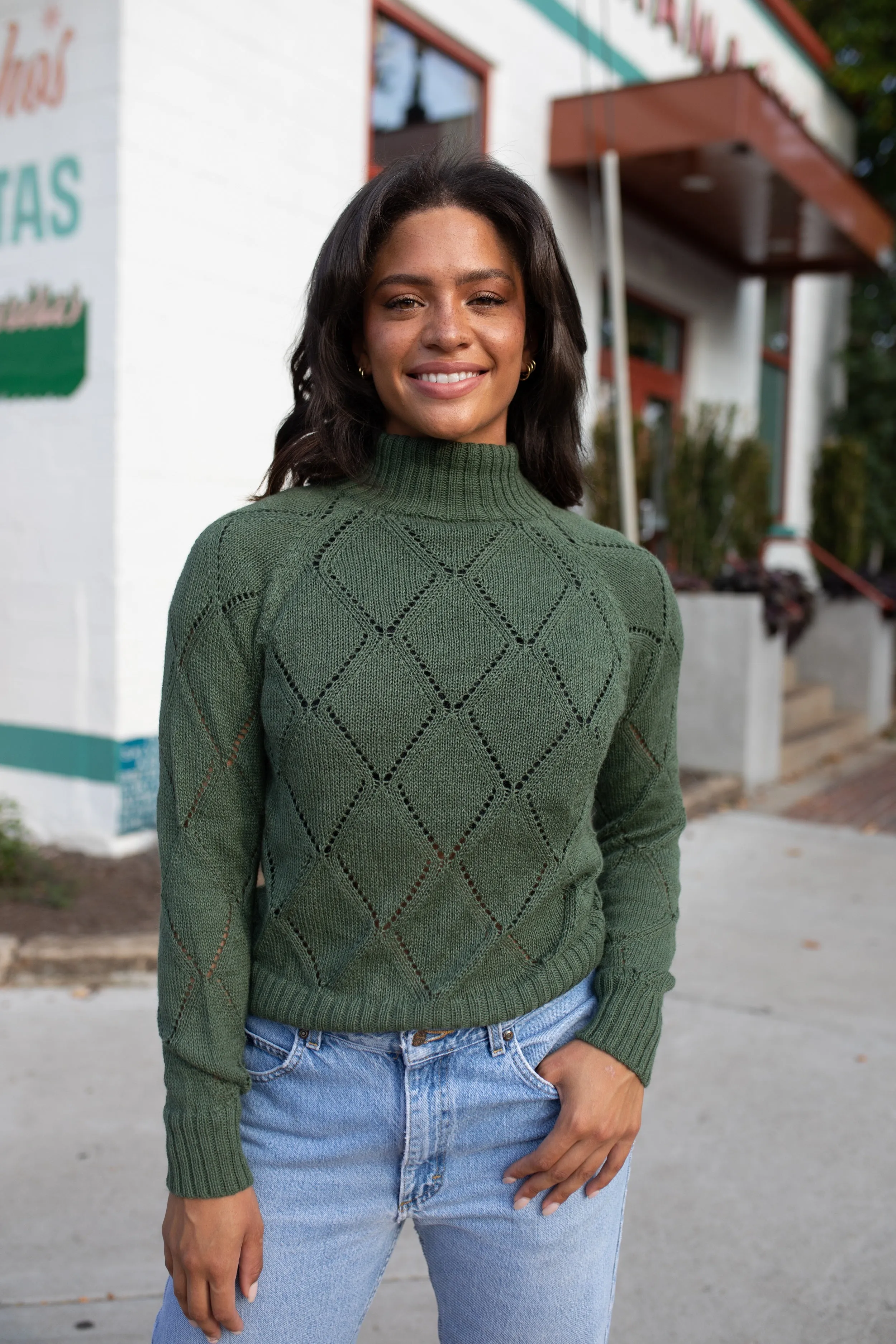 Baby Alpaca Lace Knit Mock Pullover in Sage Green - Pre-Order 2/30