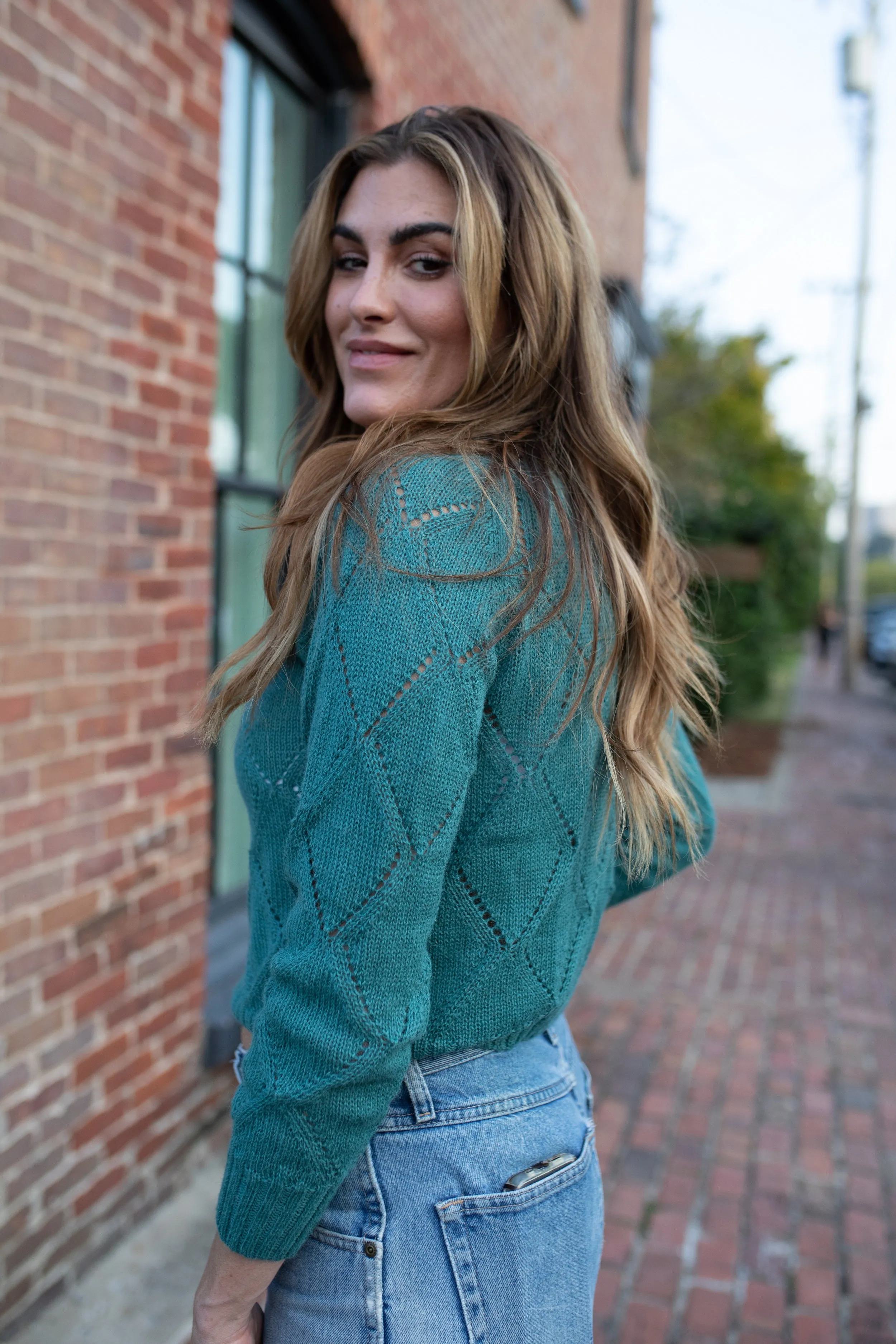 Baby Alpaca Lace Knit Mock Pullover in Teal - Pre-Order 2/30