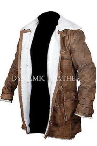 Bane Jacket Genuine Cow Hide Leather Buffing Brown Trench Coat Dark Knight Rises