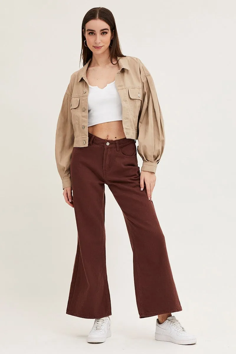 Beige Long Sleeve Cropped Denim Jacket