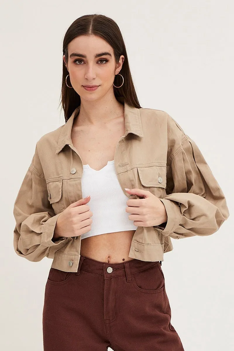 Beige Long Sleeve Cropped Denim Jacket