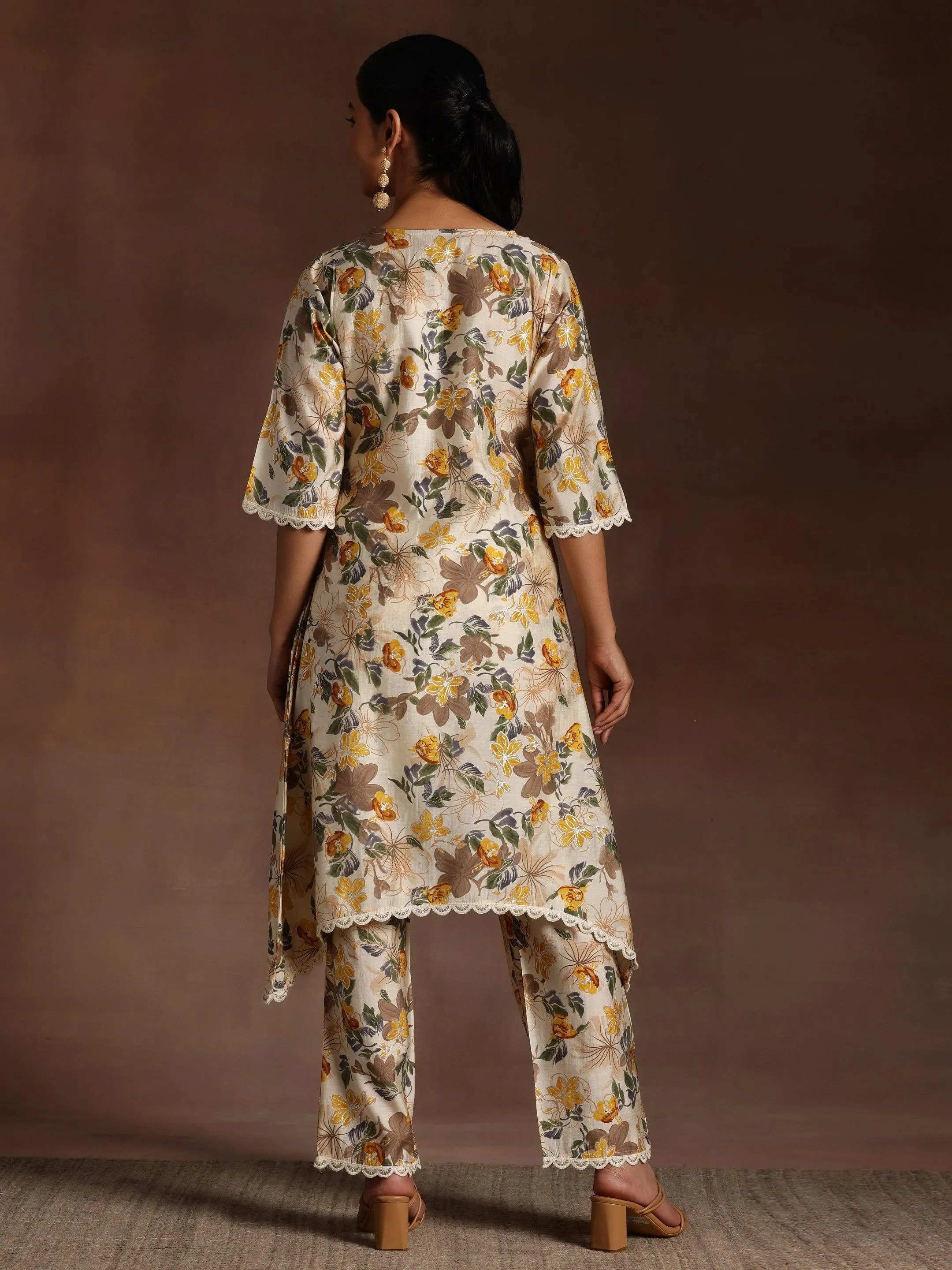 Beige Printed Chanderi Silk A-Line Kurta With Trousers