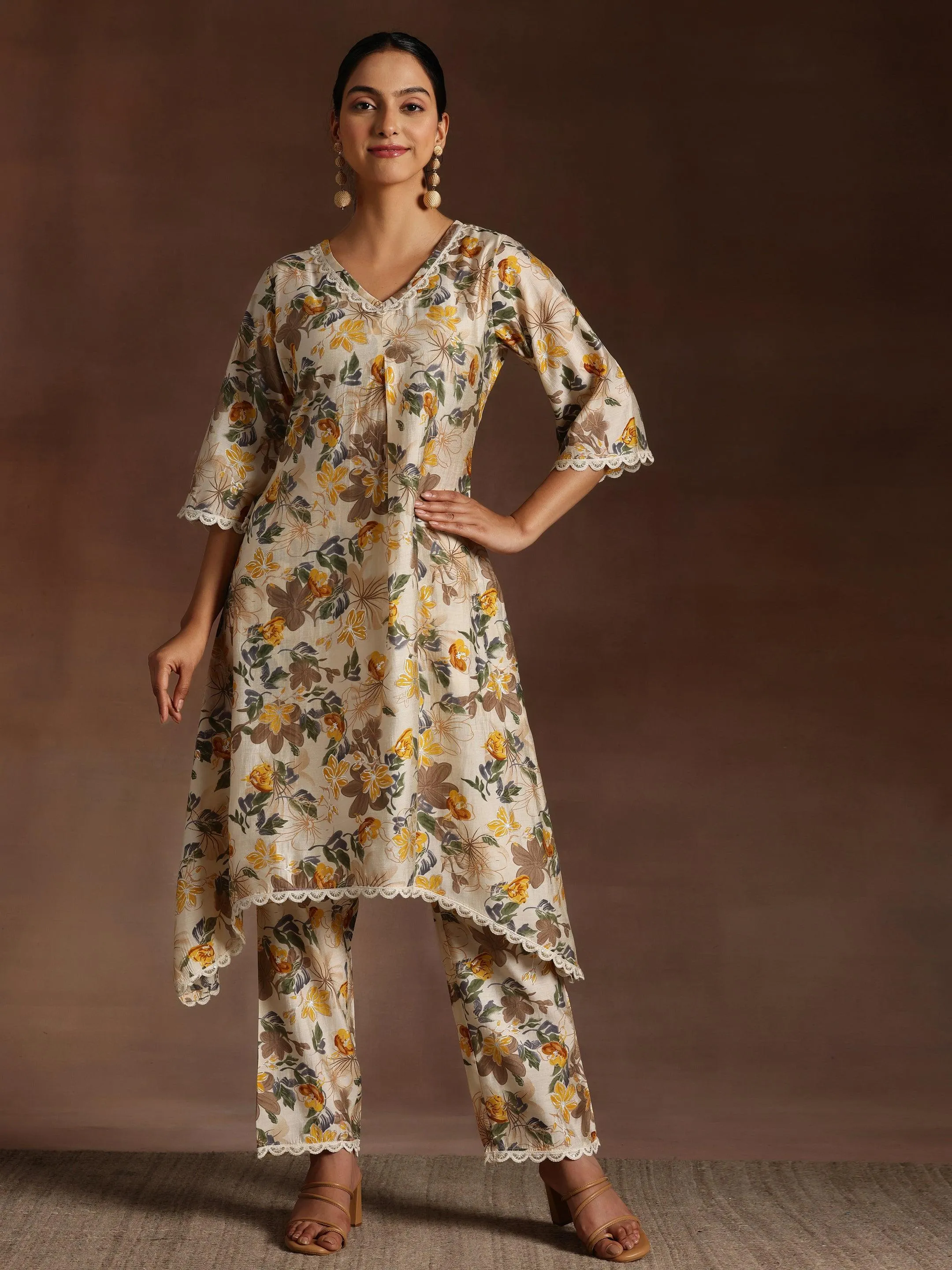 Beige Printed Chanderi Silk A-Line Kurta With Trousers