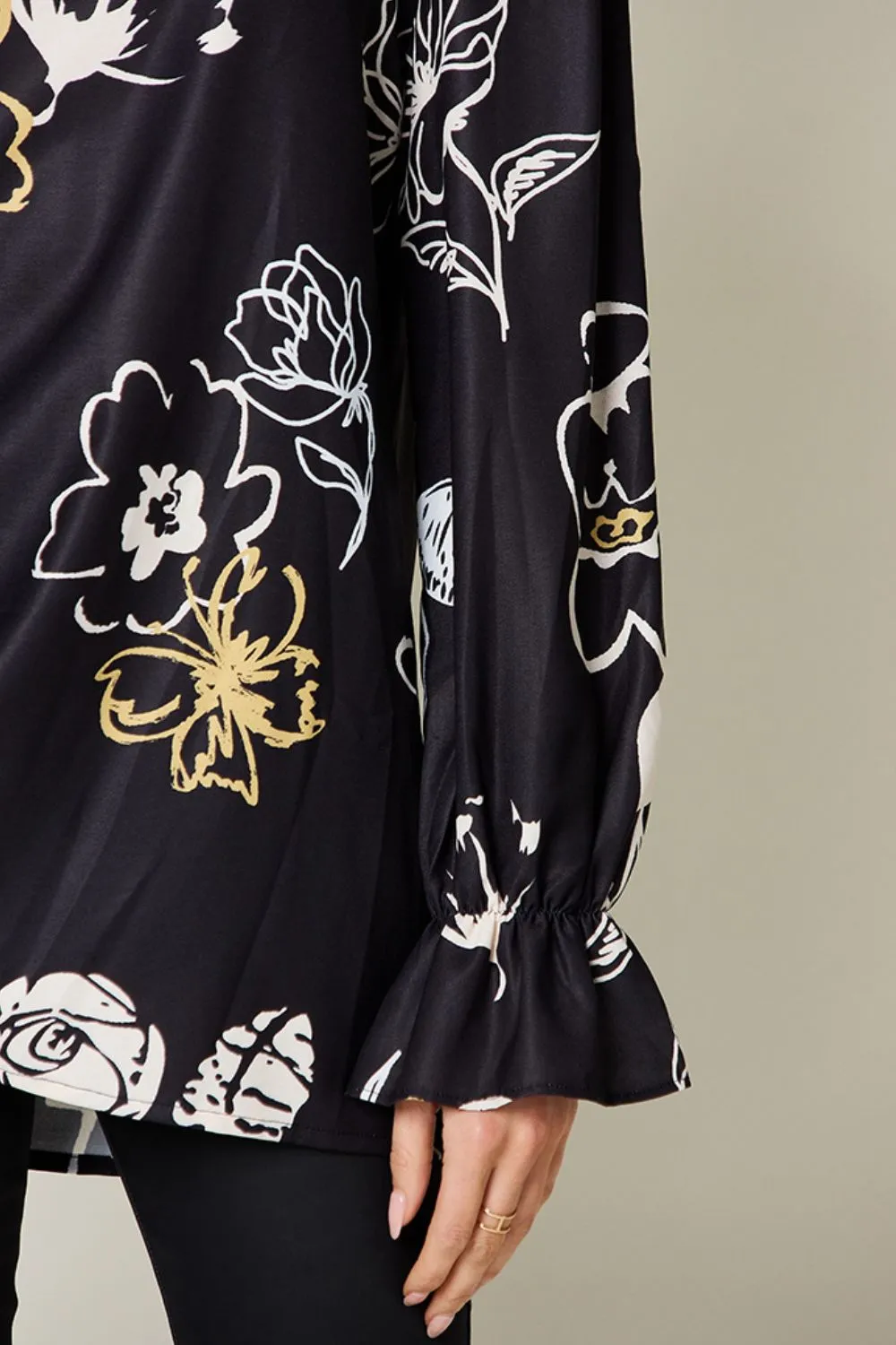 Black Floral Print Flounce Sleeve Blouse