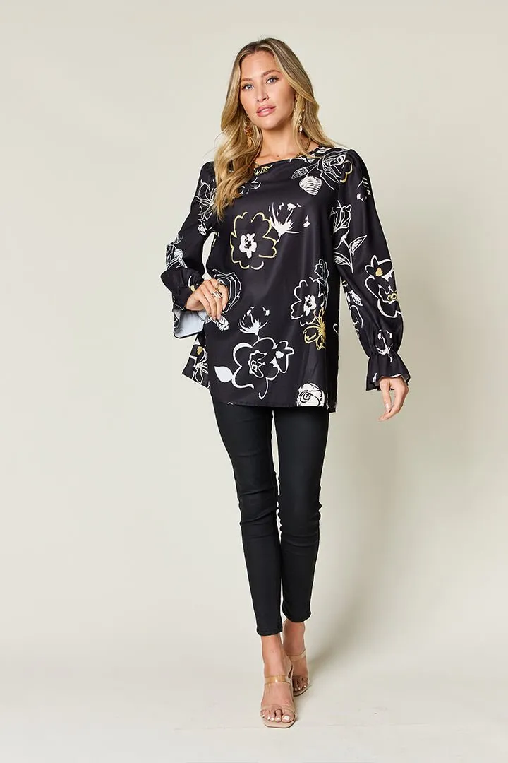 Black Floral Print Flounce Sleeve Blouse