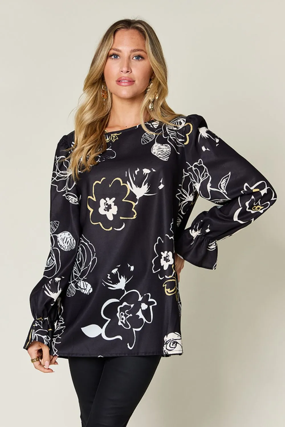 Black Floral Print Flounce Sleeve Blouse