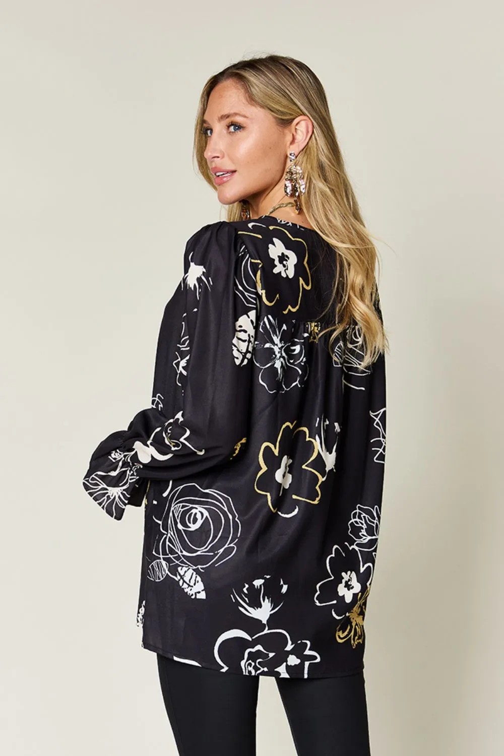 Black Floral Print Flounce Sleeve Blouse