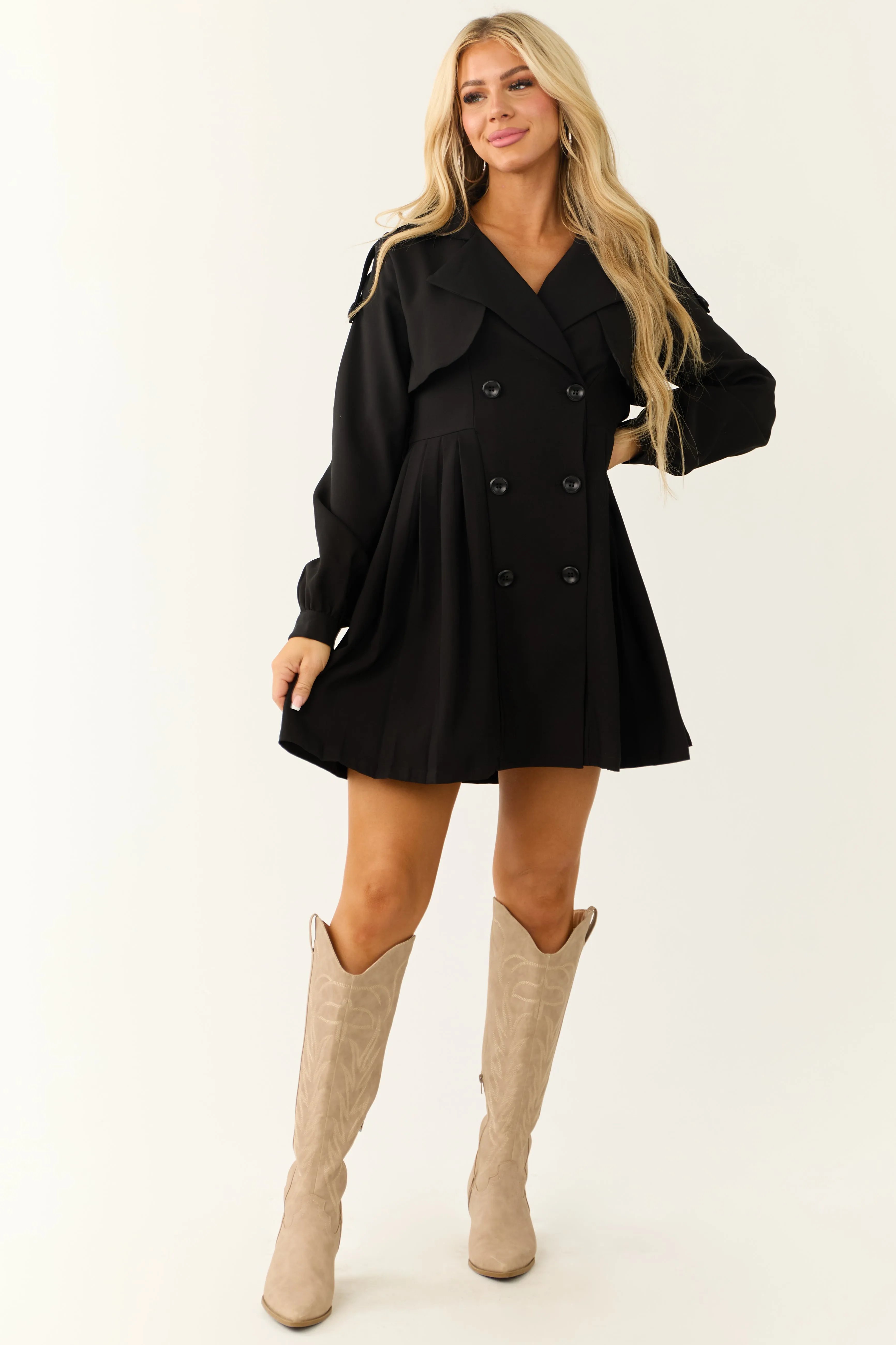 Black Long Sleeve Button Down Trench Coat Dress