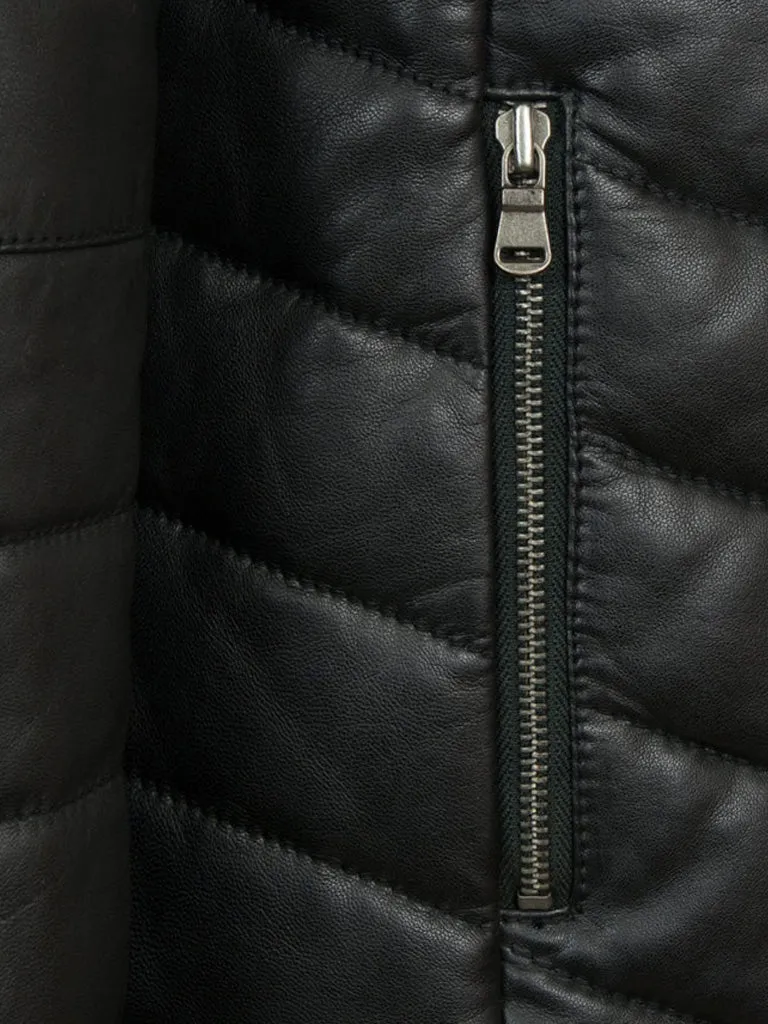 Black Padded Style Real Leather Long Coat