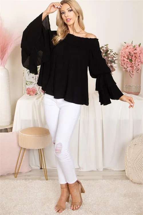 Black Smocked Cold Shoulder Bell Sleeve Top