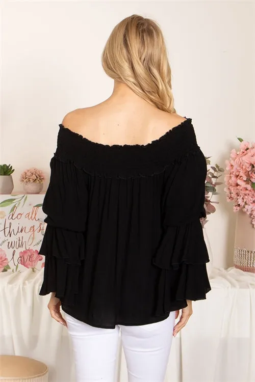 Black Smocked Cold Shoulder Bell Sleeve Top