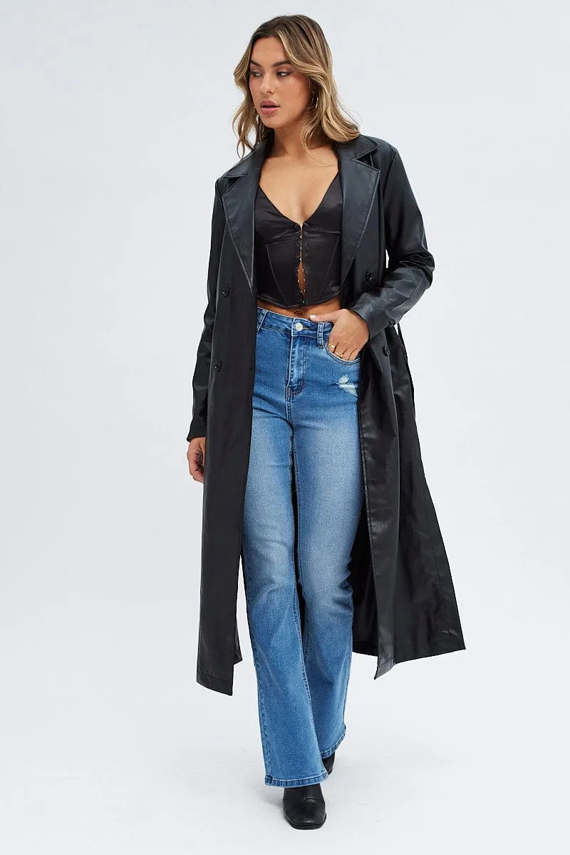 Black Trench Coat Long Sleeves Faux Leather