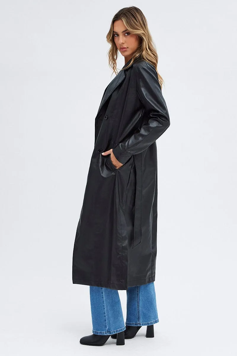 Black Trench Coat Long Sleeves Faux Leather