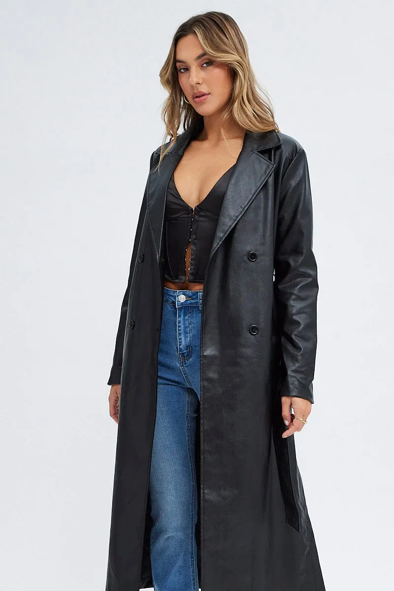 Black Trench Coat Long Sleeves Faux Leather