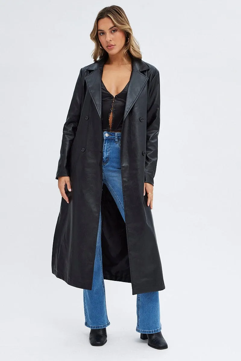 Black Trench Coat Long Sleeves Faux Leather