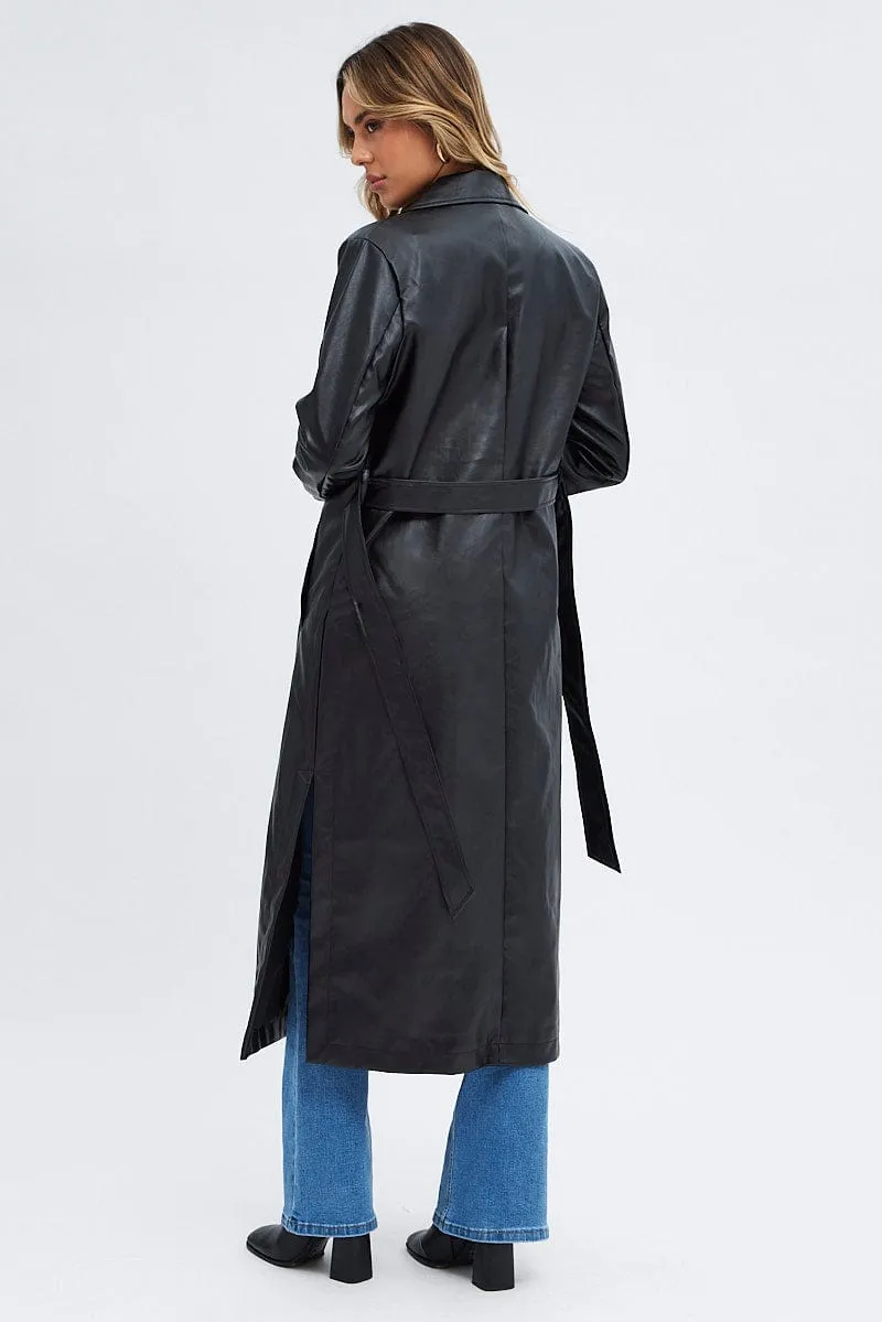 Black Trench Coat Long Sleeves Faux Leather