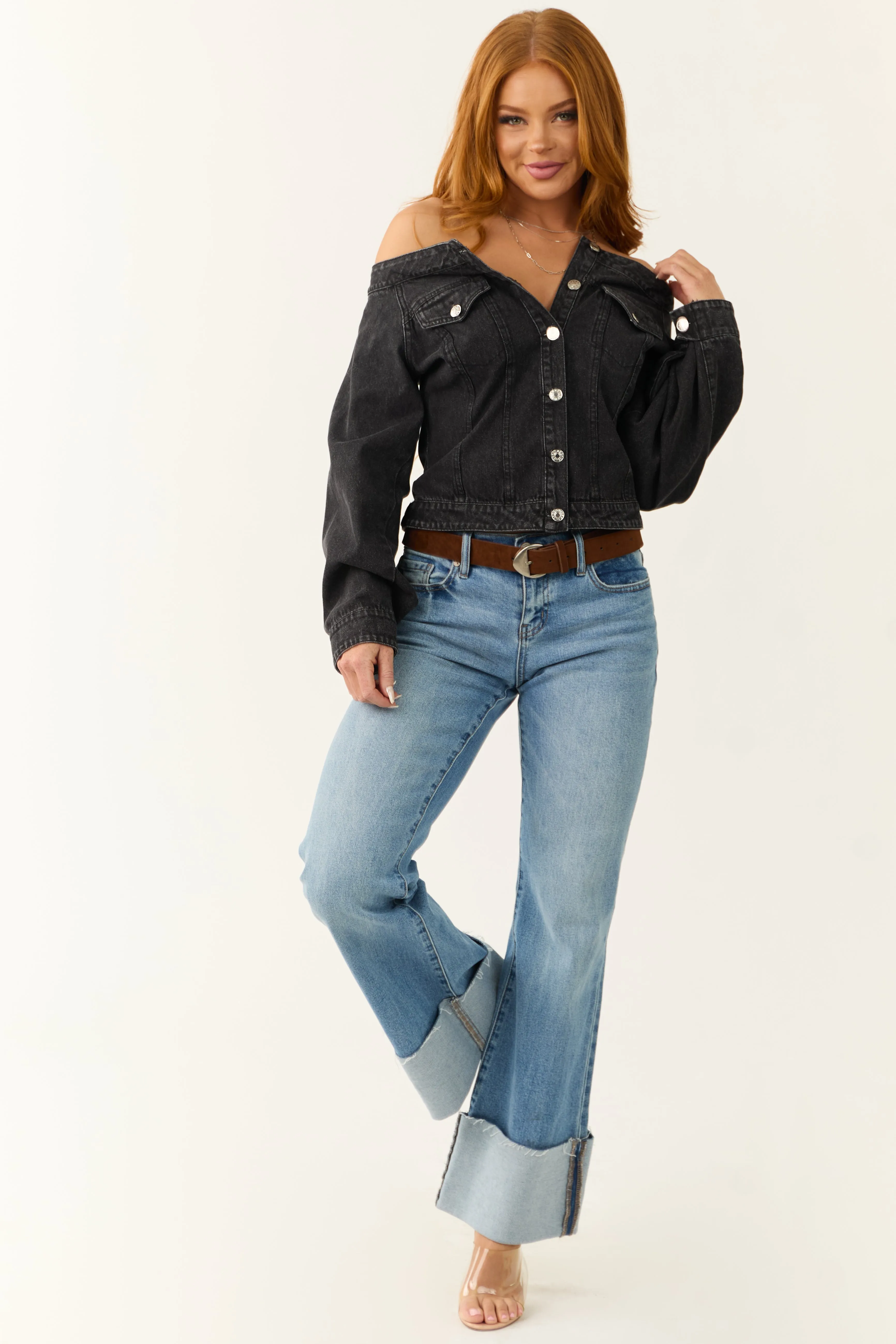 Black Washed Off the Shoulder Denim Jacket