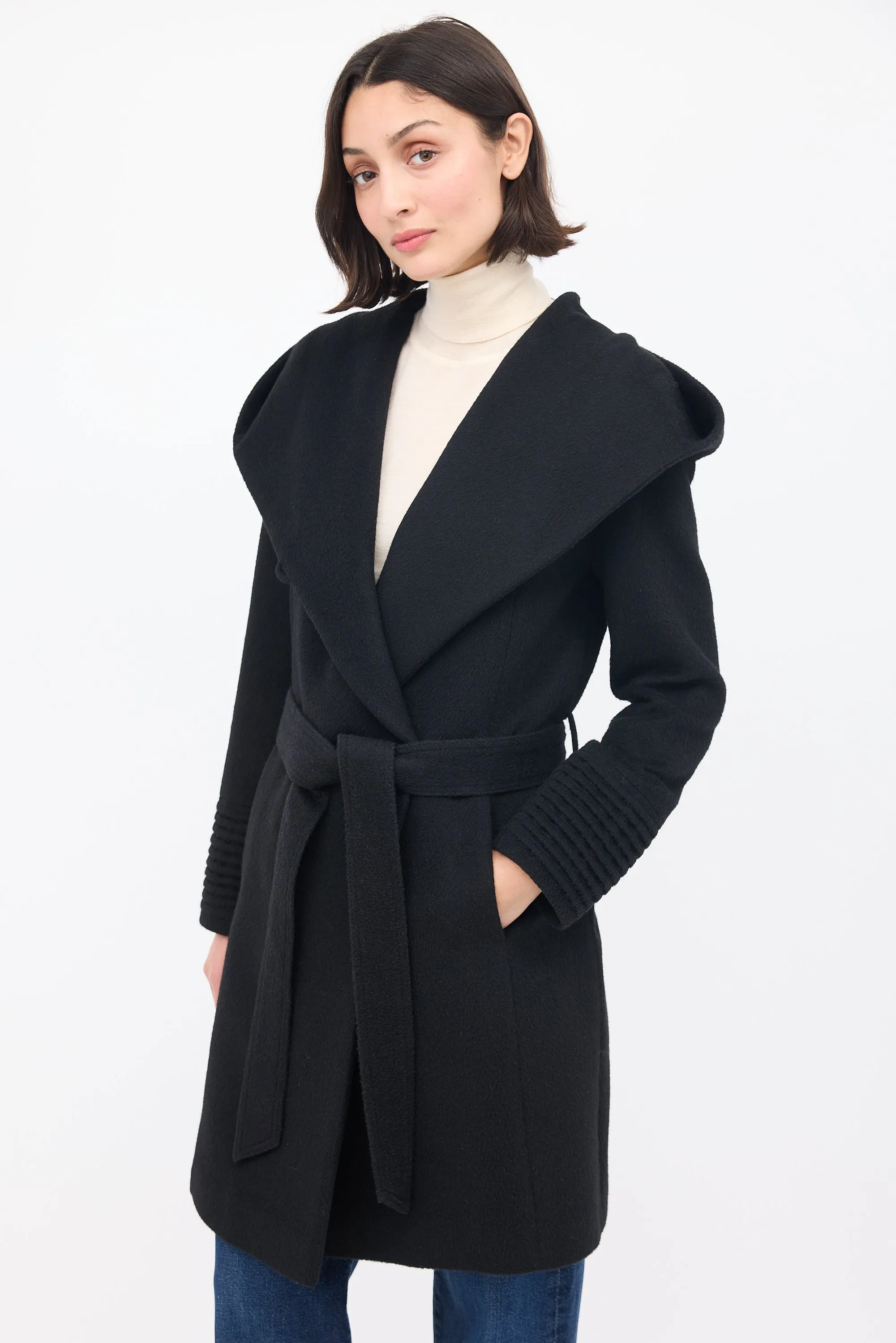 Black Wool Mid Length Hooded Wrap Coat