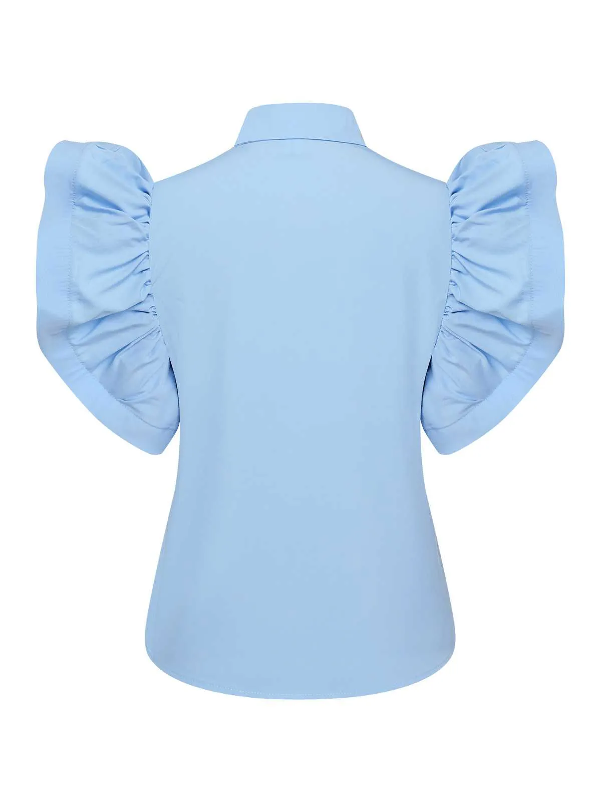 Blue 1950s Lapel Ruffles Sleeve Solid Blouse