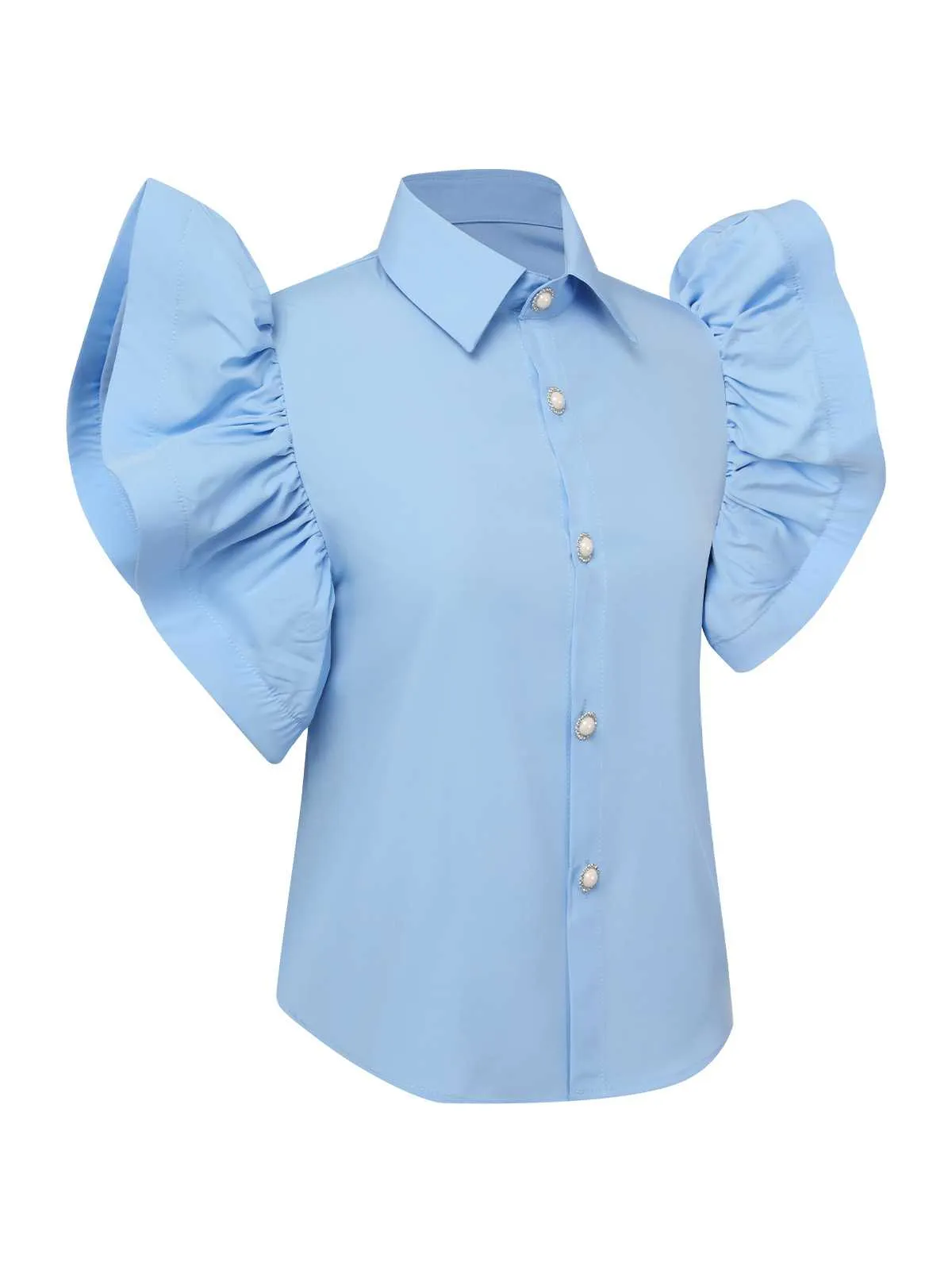 Blue 1950s Lapel Ruffles Sleeve Solid Blouse