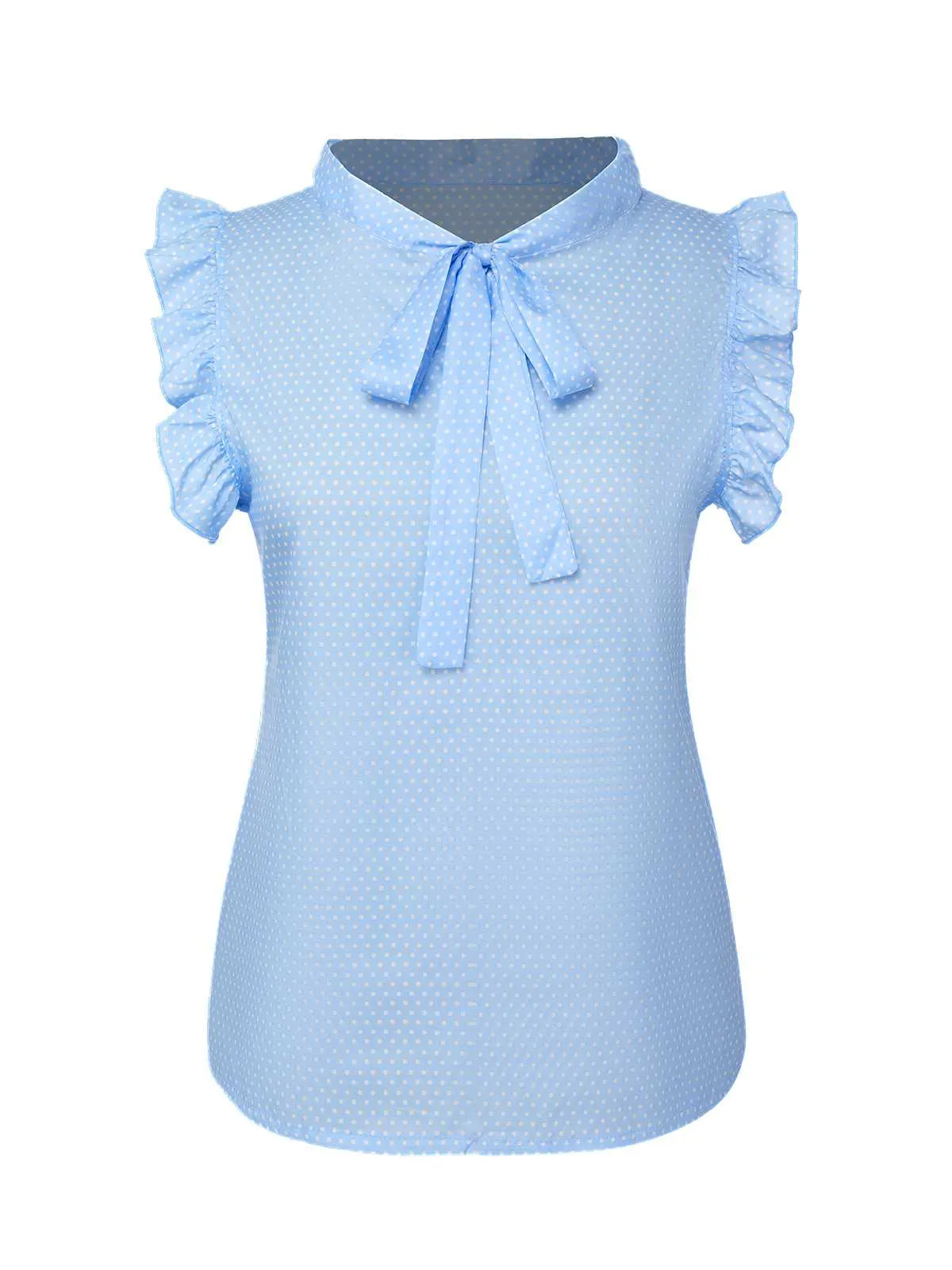 Blue 1960s Tie Neck Polka Dots Ruffles Blouse