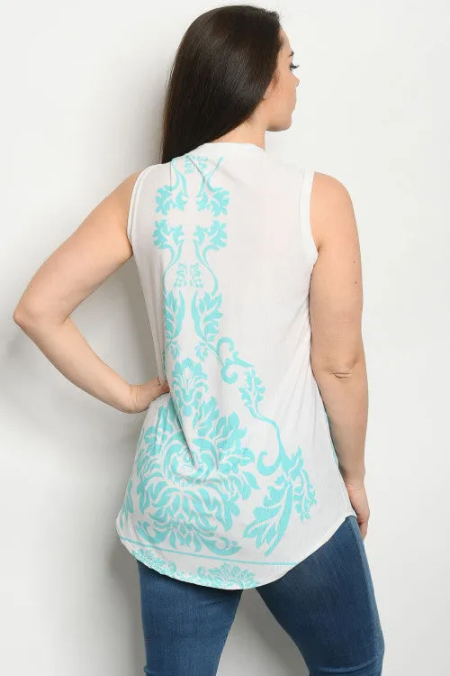 Blue and White Floral Plus Size Sleeveless Top