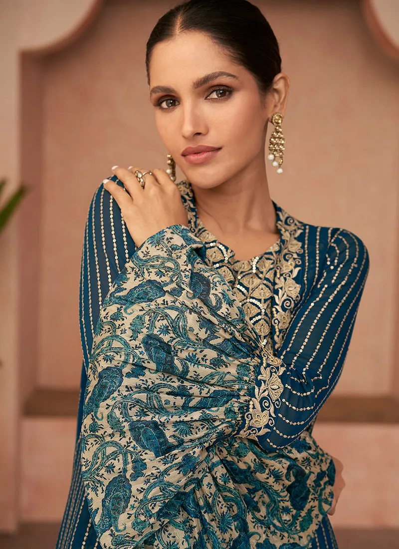 Blue Sequence Embroidery Jacket Style Palazzo Set