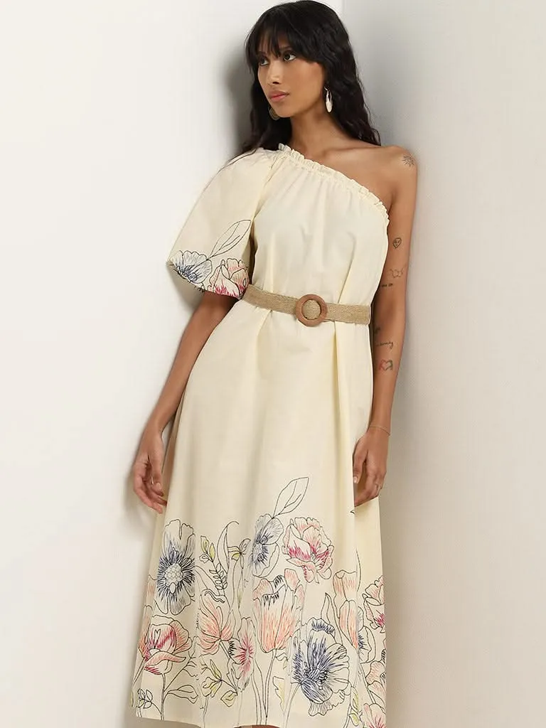 Bombay Paisley Off-White Cotton One-Shoulder Dress & Belt