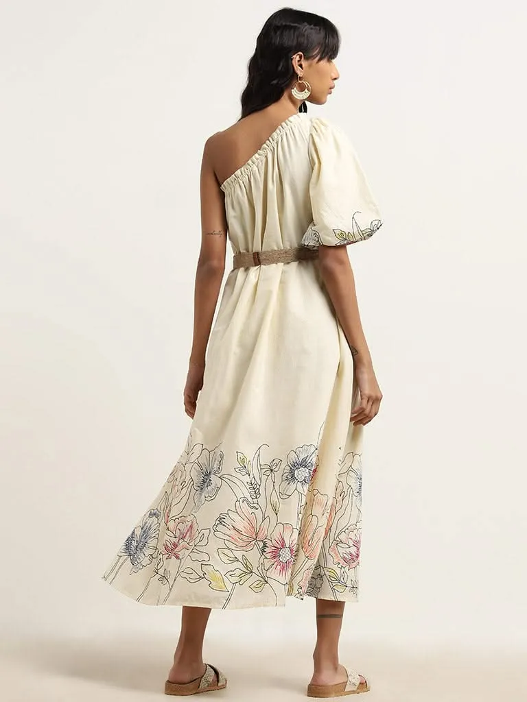 Bombay Paisley Off-White Cotton One-Shoulder Dress & Belt