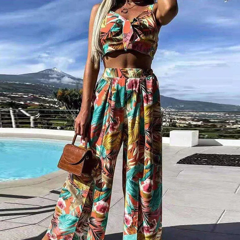 Bow Tie-up Fashion Tropical Floral Hawaii Beach Suspender Bra Tops High Waist Pants New Set