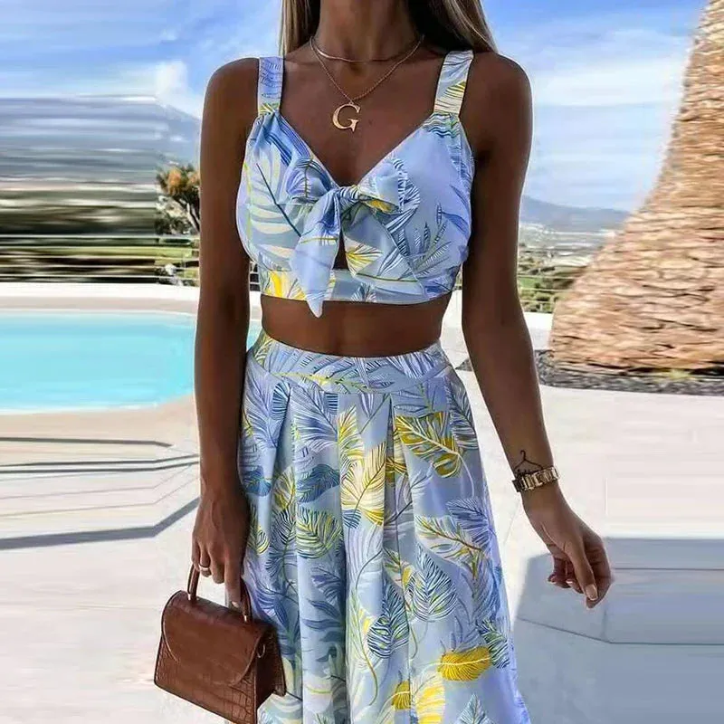 Bow Tie-up Fashion Tropical Floral Hawaii Beach Suspender Bra Tops High Waist Pants New Set