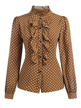 Brown 1950s Dots Ruffle Stand Collar Blouse