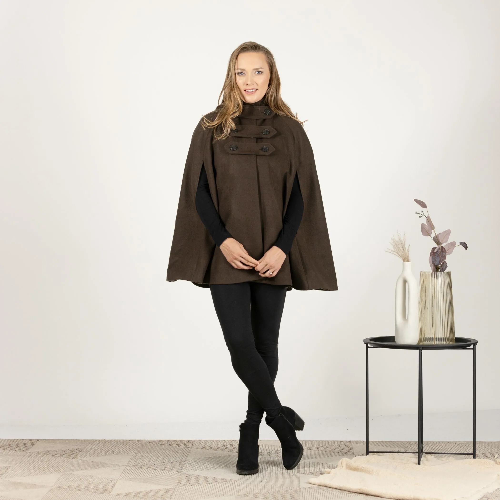 Brown Hooded Wool Cape Coat