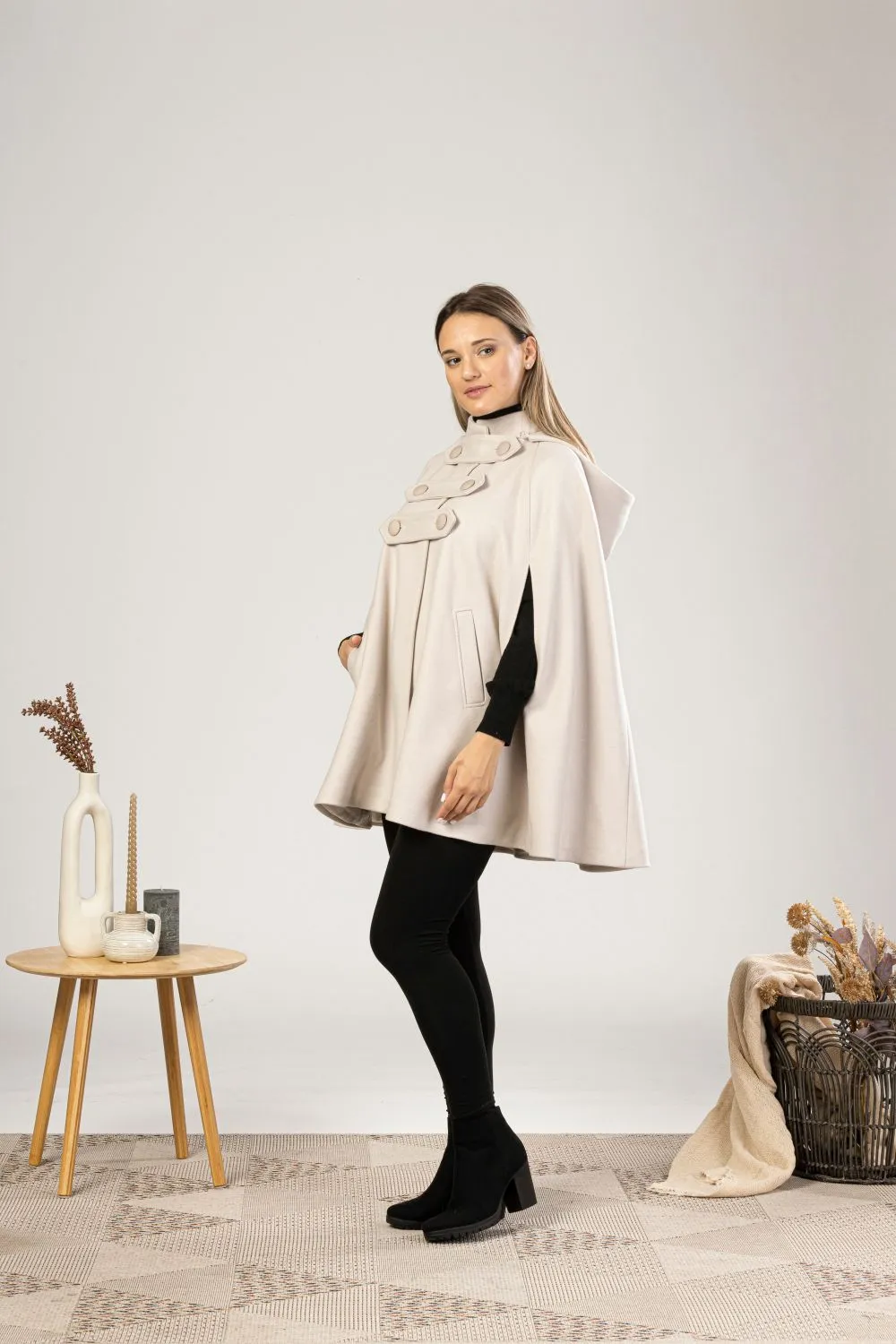 Brown Hooded Wool Cape Coat