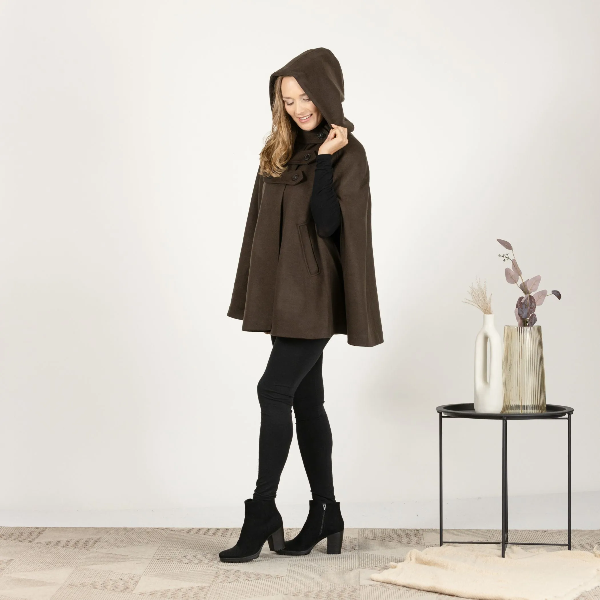 Brown Hooded Wool Cape Coat