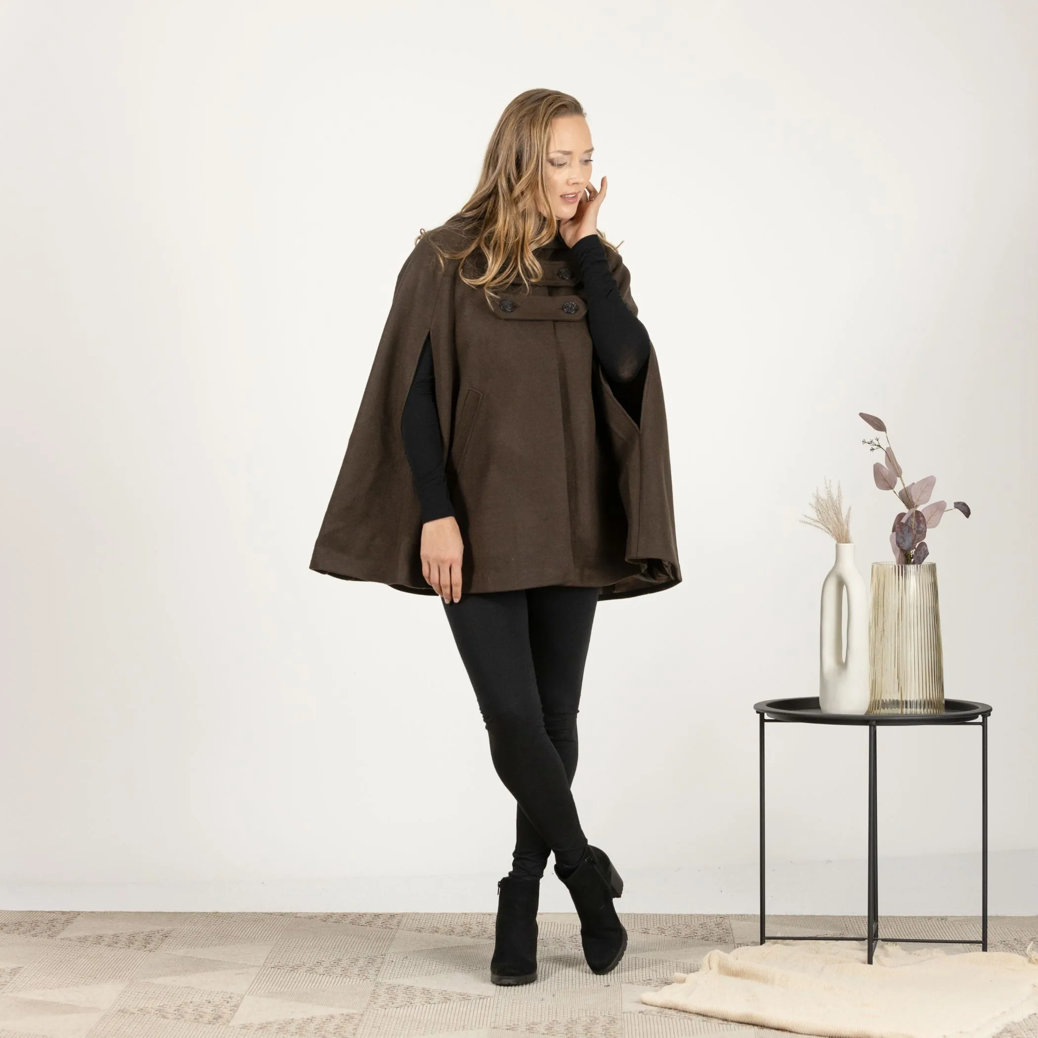 Brown Hooded Wool Cape Coat