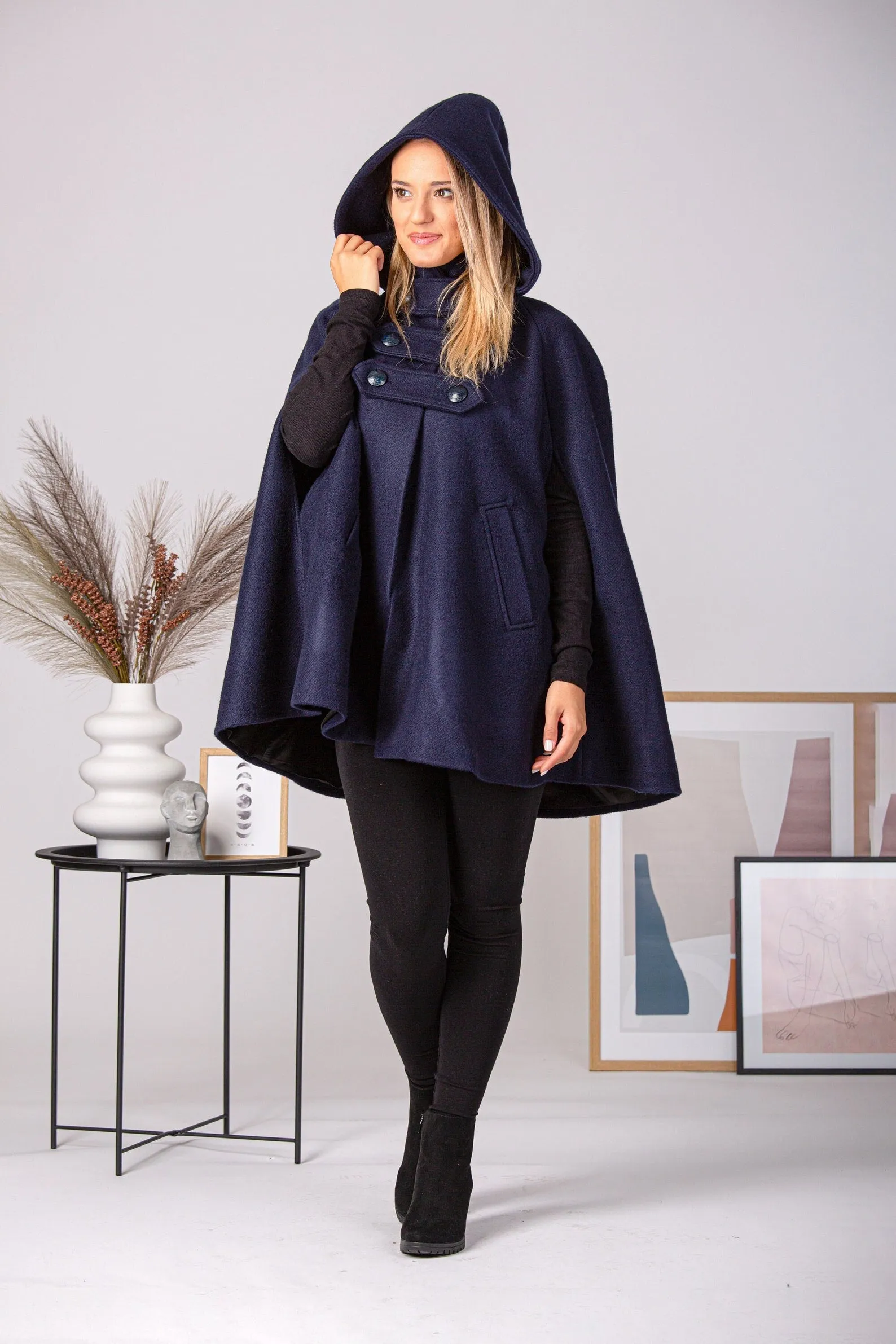 Brown Hooded Wool Cape Coat