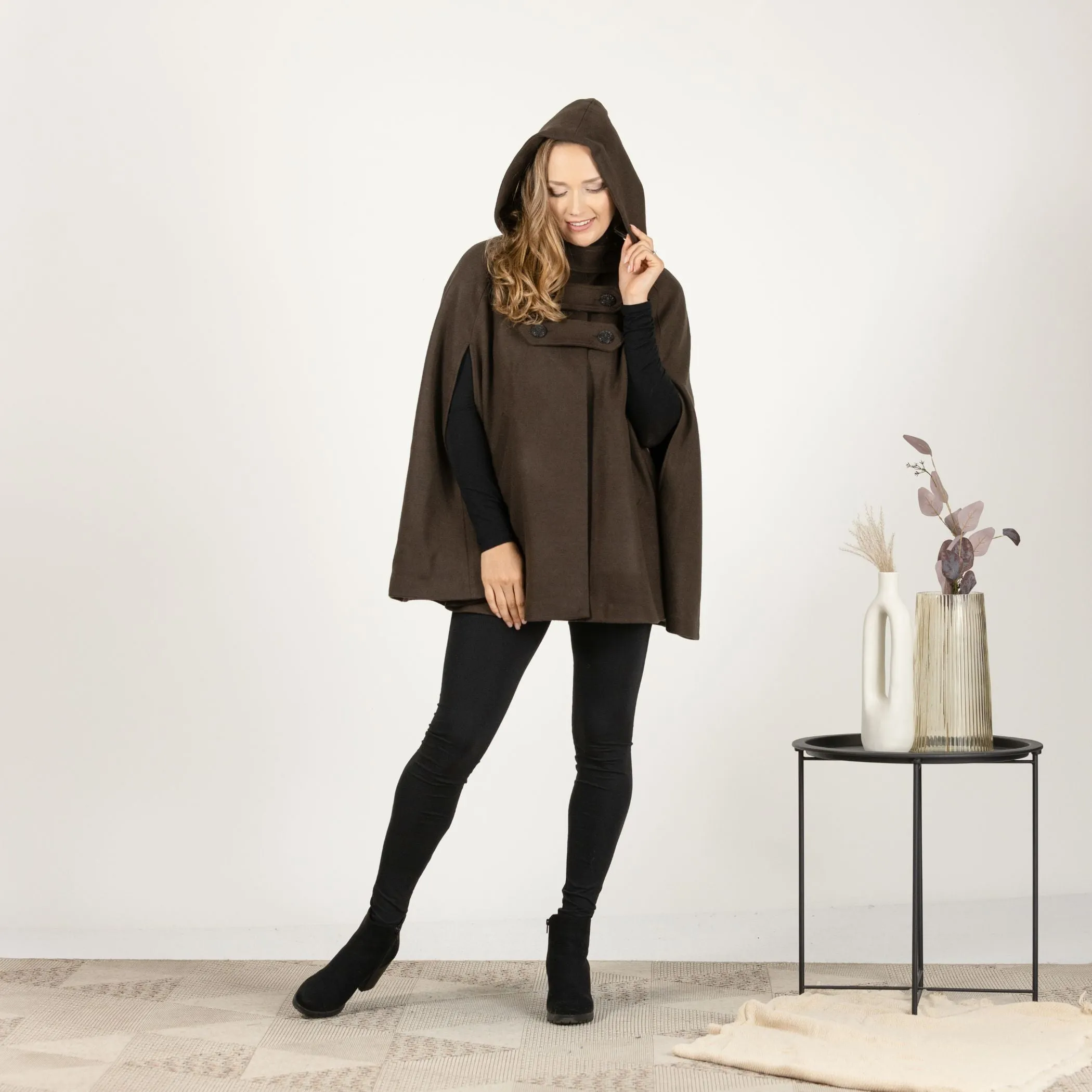 Brown Hooded Wool Cape Coat