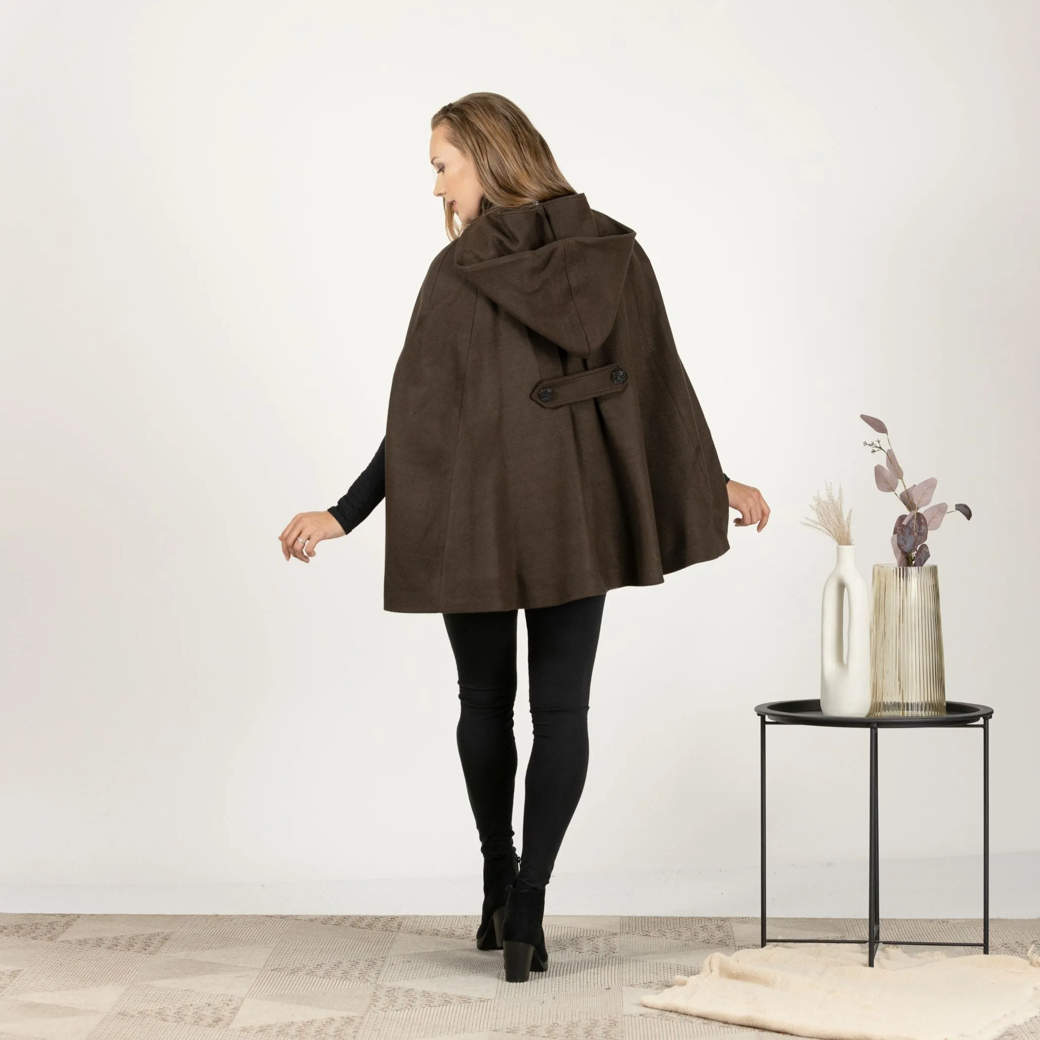 Brown Hooded Wool Cape Coat