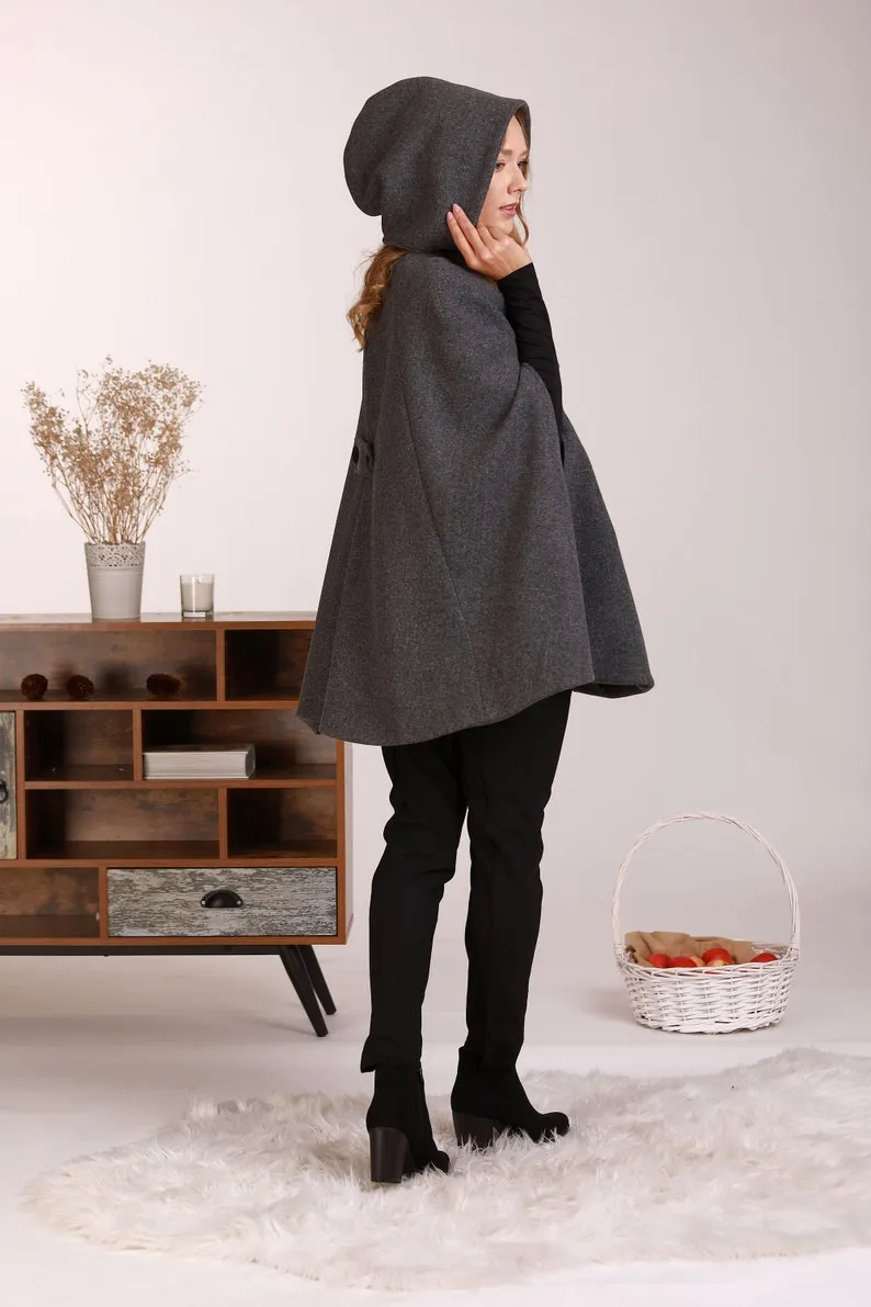 Brown Hooded Wool Cape Coat