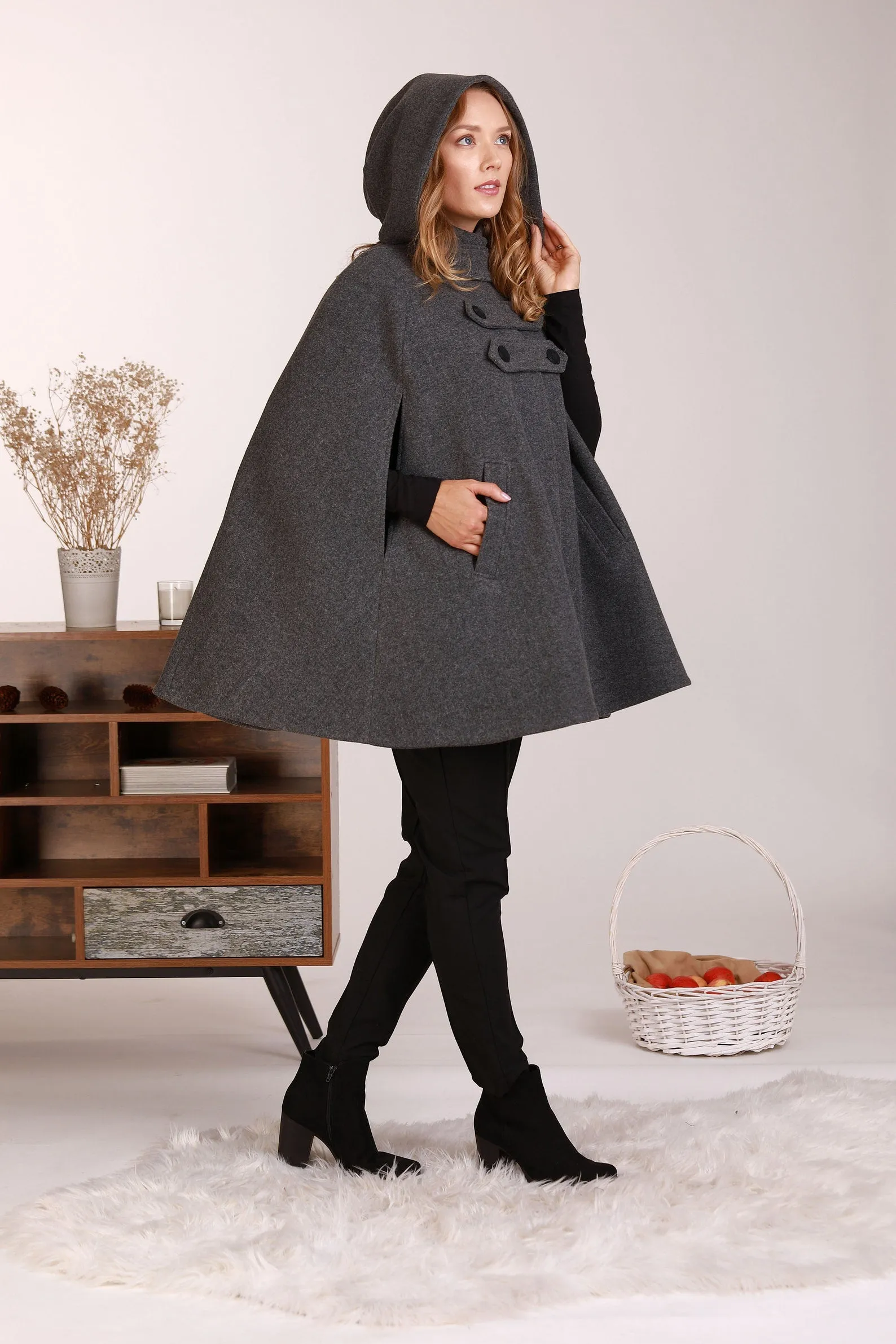 Brown Hooded Wool Cape Coat