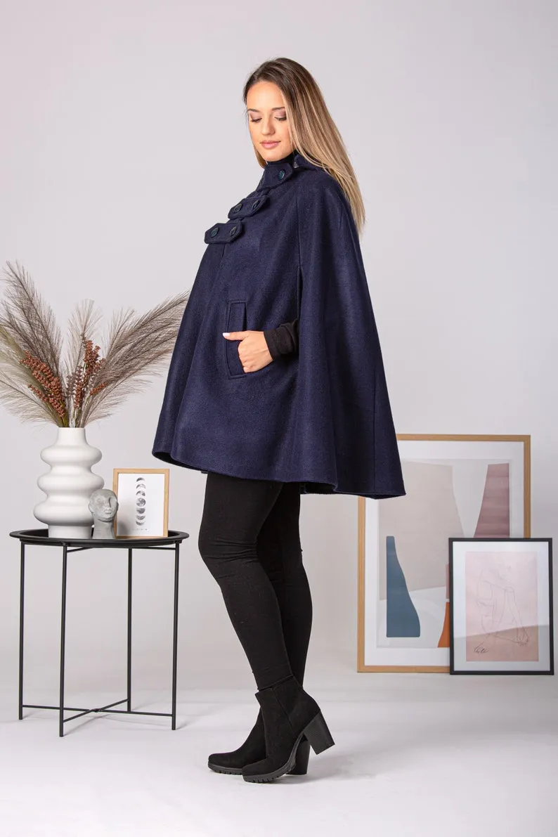 Brown Hooded Wool Cape Coat