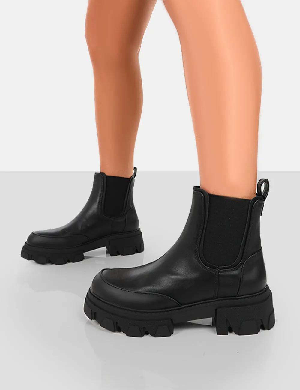 By Midnight Black Pu Platform Chunky Sole Chelsea Boots