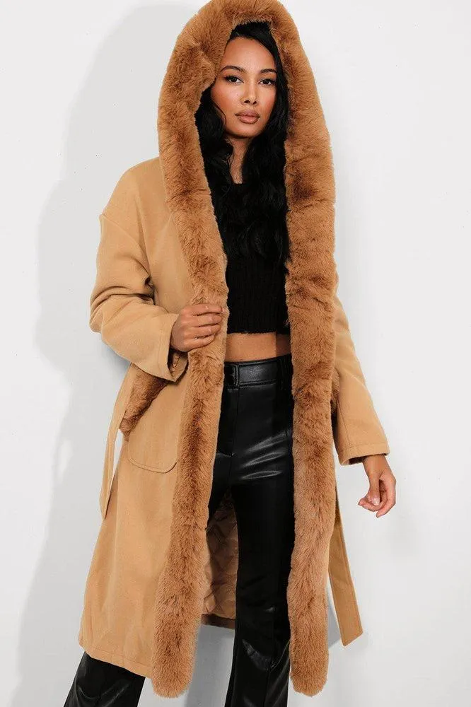 Camel Faux Fur Trims Vegan Suede Midi Coat