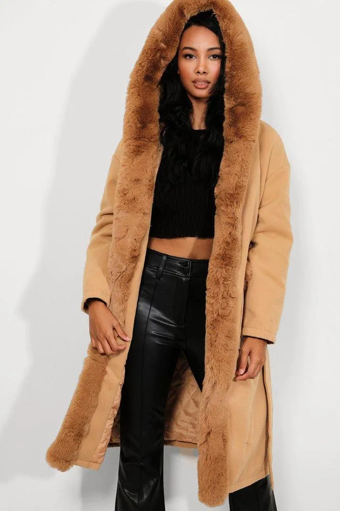 Camel Faux Fur Trims Vegan Suede Midi Coat