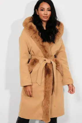 Camel Faux Fur Trims Vegan Suede Midi Coat