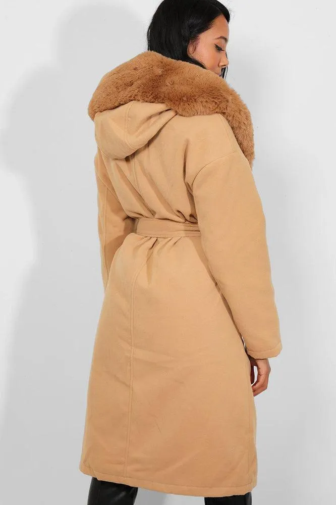 Camel Faux Fur Trims Vegan Suede Midi Coat