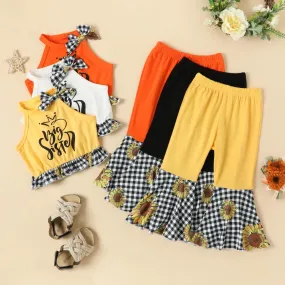 Children's Clothing Girls Sleeveless Halterneck Stitching Plaid Flared Trousers Suit Wholesale Girls Clothes