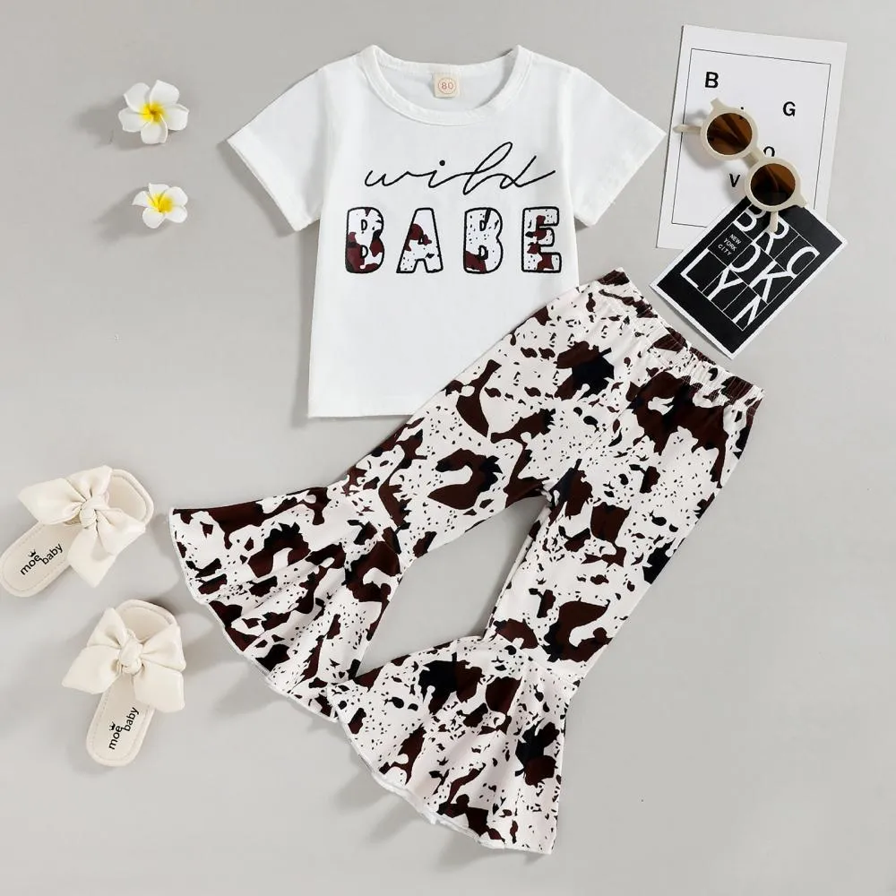 Children's Clothing New Short-sleeved Leopard-print Alphabet Print Top Print Flared Pants Two-Piece Suit Wholesale Kids Clothes